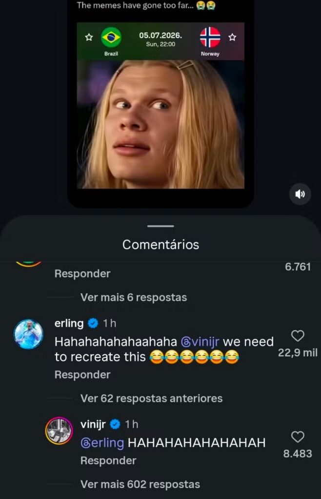 Haaland Vini Jr: craques entram na brincadeira após meme de erling